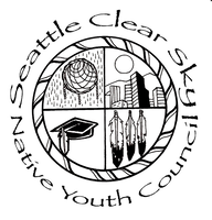 Picture of Seattle Clear Sky Native Youth Council circle, hat, feather, sun, buildings logo; graduation cap; dreamcatcher