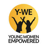 two people with arms raised in a yellow circle; y-we; young women empowered;