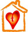 Picture of heart and cross inside an oragne outline of a house.