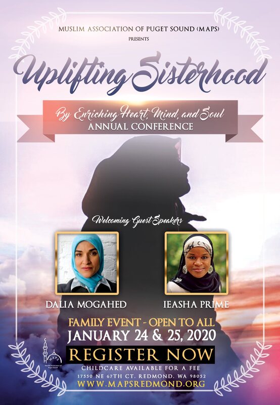Picture of Uplifiting Sisterhood Conference conference at maps. Two smiling women in head scarf, hijab, and silhouette of woman wearing head scarf on pink background. Leaves. sd sand S