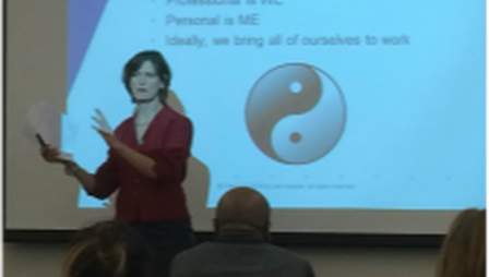 Picture of woman talking and yin yang symbol