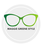 Picture of green glasses on gray circle background and the words 'MAGGIE GREENE STYLE' in black lettersletters.