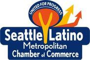 Seattle Latino Metropolitan Chamber of Commerce; Space needle; united for progress; red and yellow arrows;